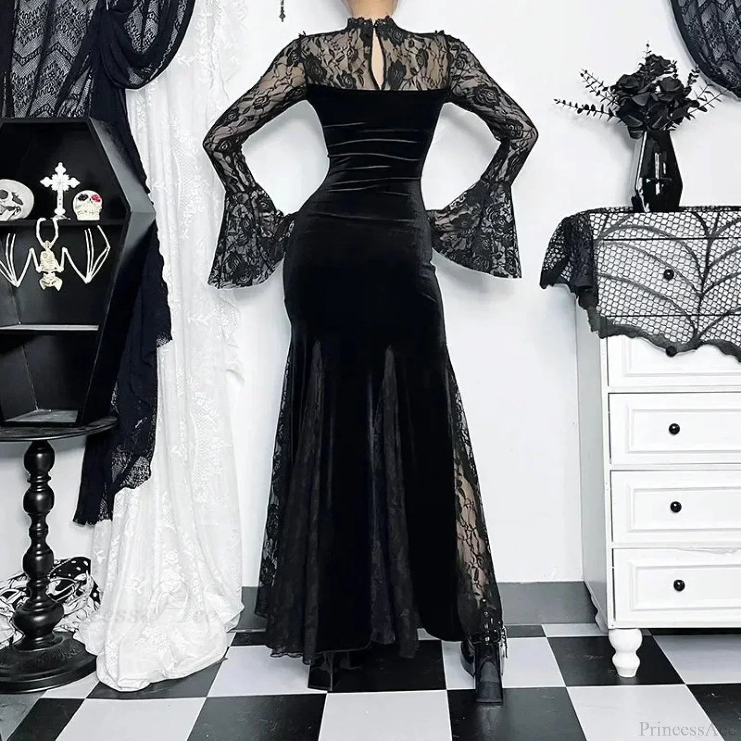 Dark Lace Trumpet Slim Midi Dress