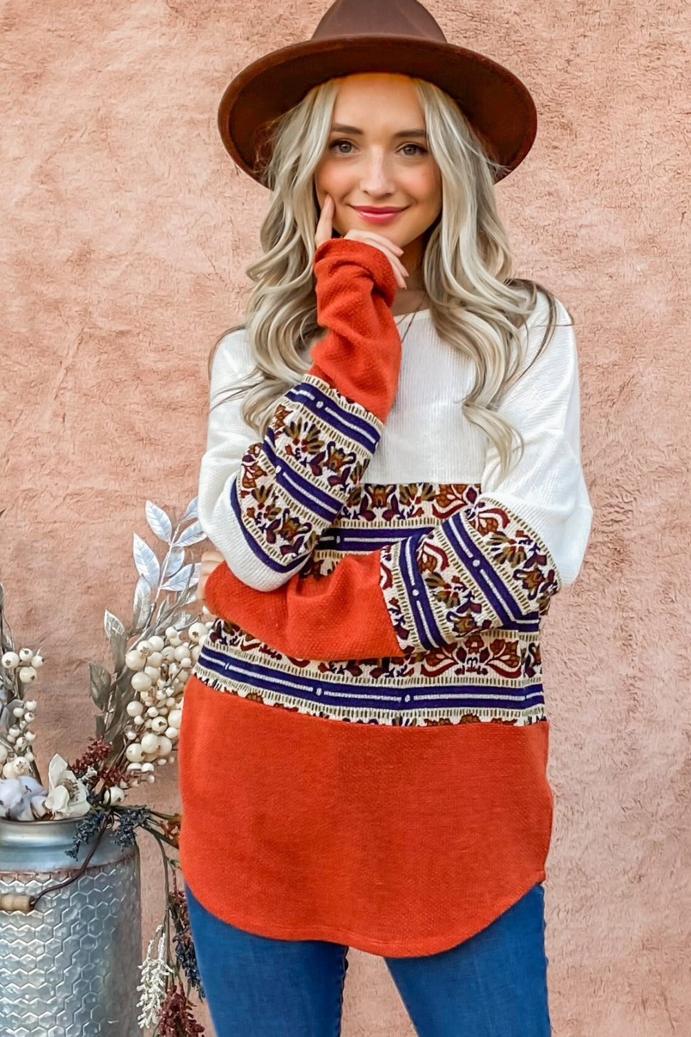 Amelia | And the “Why” top with ethnic print and color block design