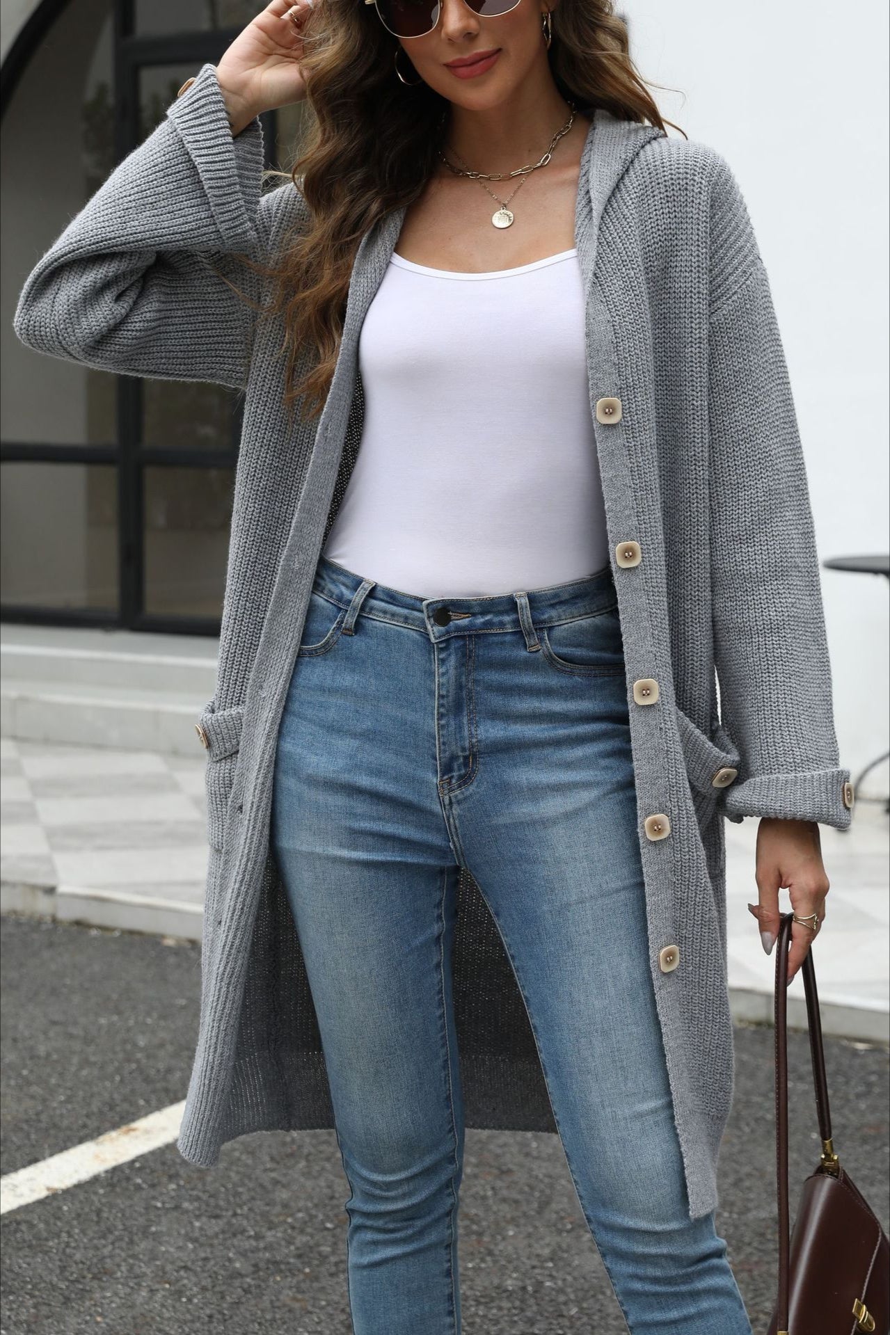 V-Neck Loose Fit Solid Color Knit Cardigan