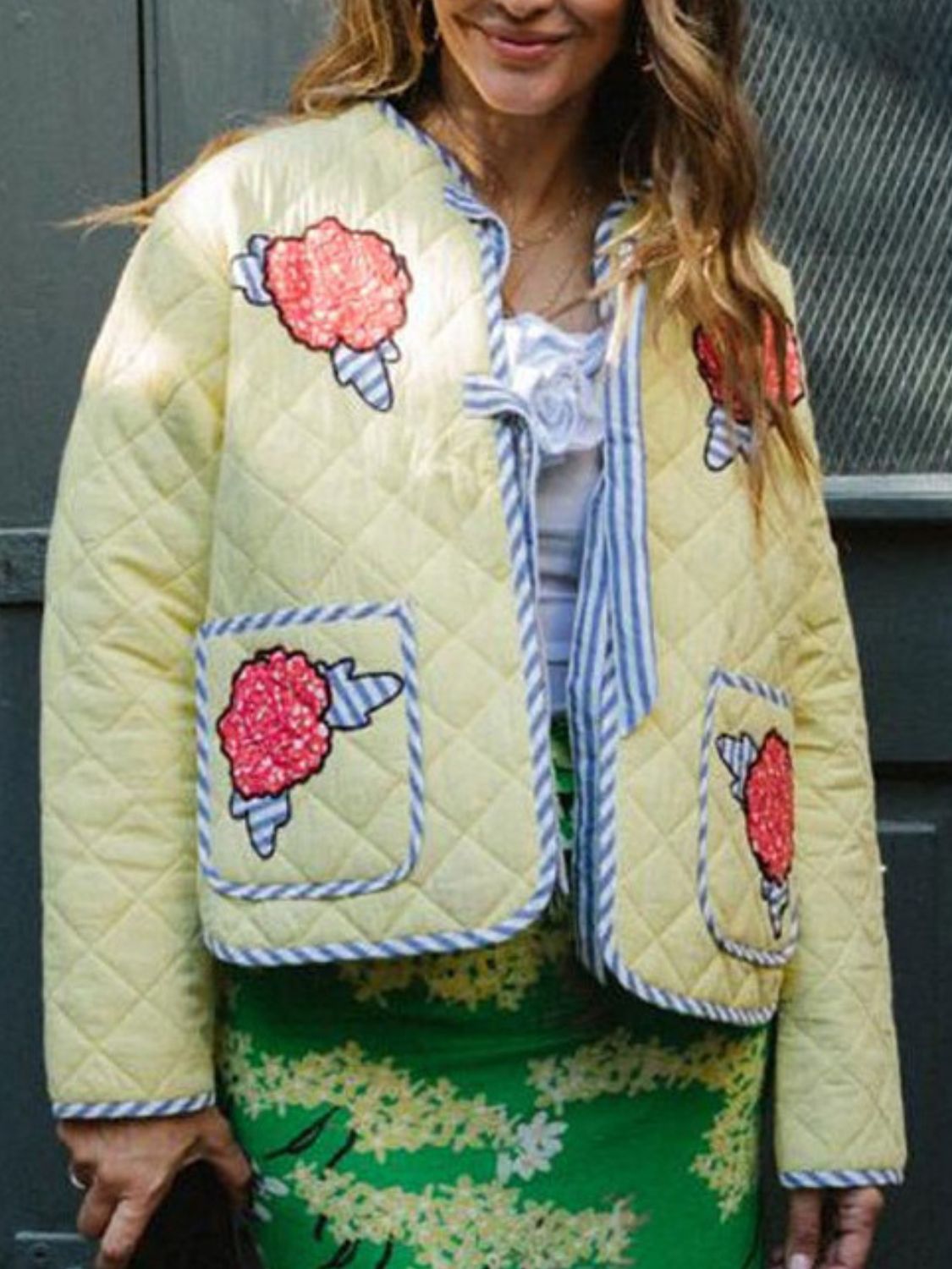 Alicia | Long sleeve winter coat with embroidered floral tie