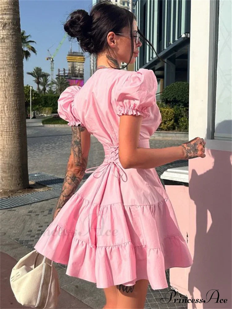 Deep Neck Puff Charming Sleeve Mini Dress
