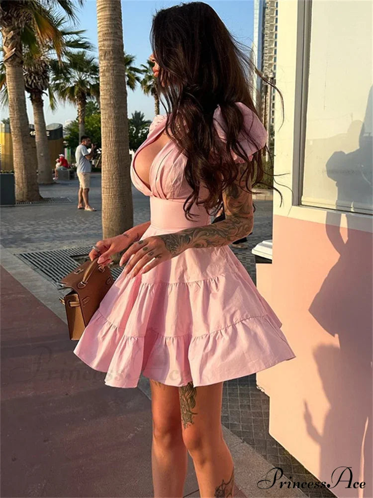 Deep Neck Puff Charming Sleeve Mini Dress