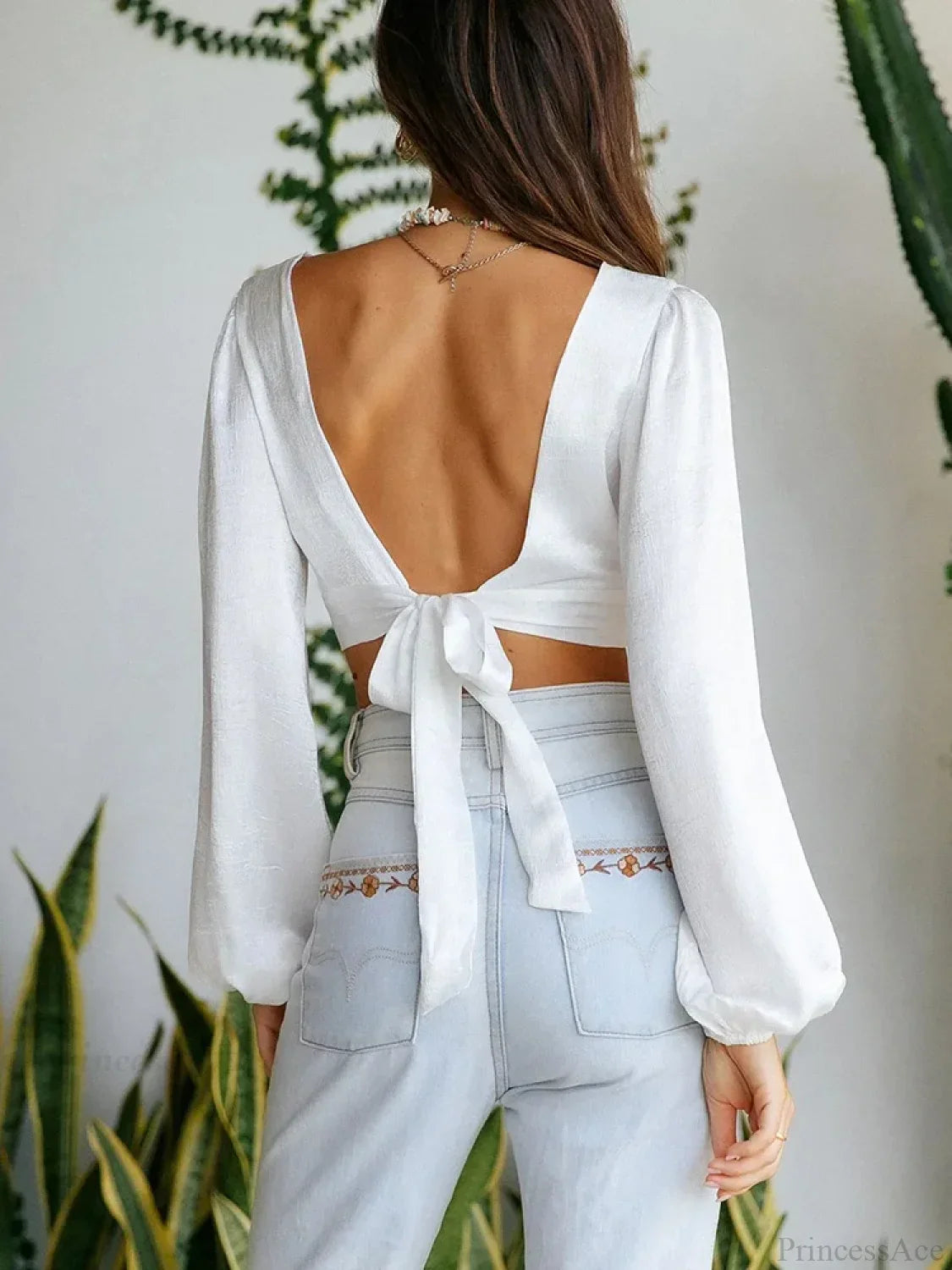 Deep V Cut Out Back Tie Backless Puff Sleeve White Blouse