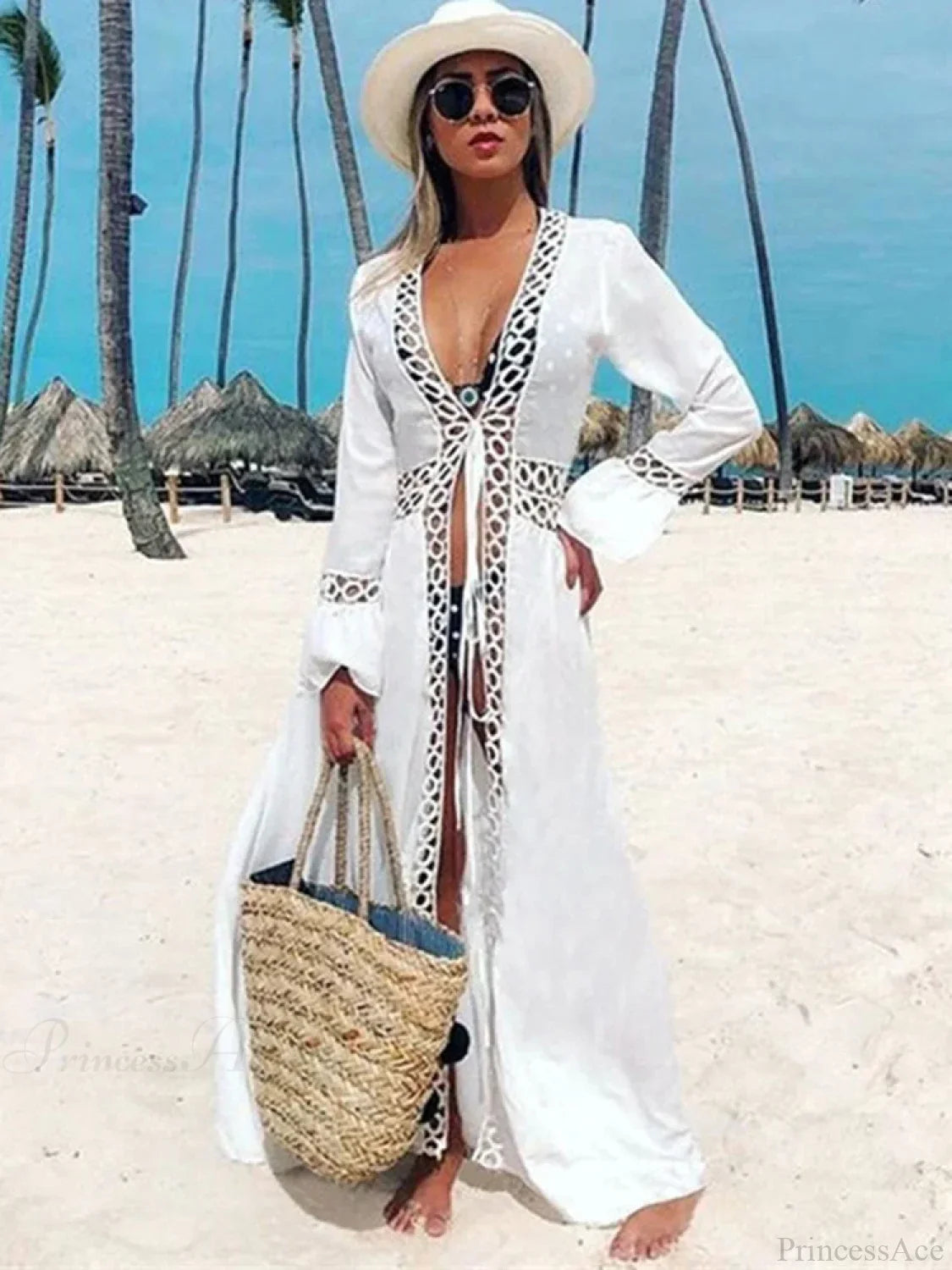 Deep V-Neck Hollow Out Bikini Cover Up