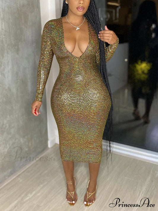 Deep V Neck Trendy Lace Up Midi Dress