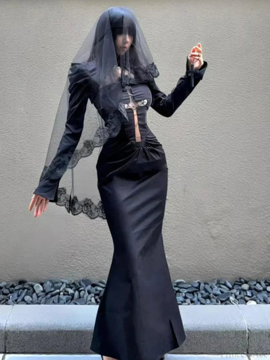 Delicate Net Cross Ornament Long Dress
