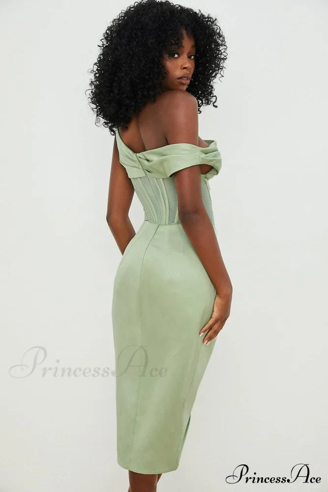 Draped Diva One-Shoulder Charming Corset Bodycon Midi Dress