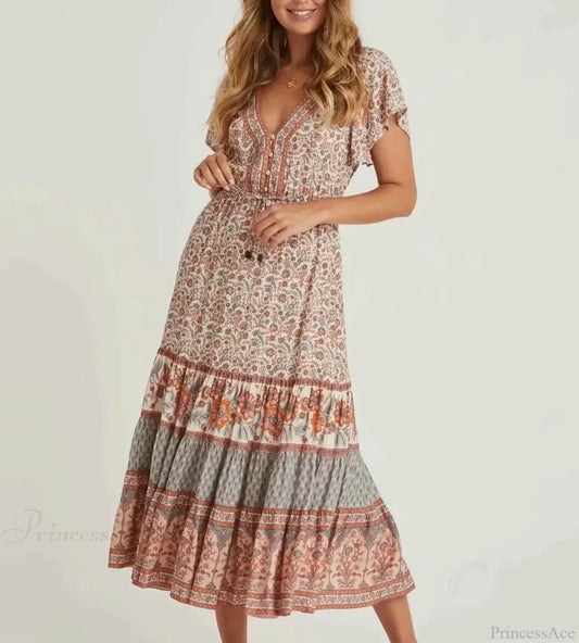 Drawstring Waist Midi Dress Vintage Floral Cotton Casual Summer Dress