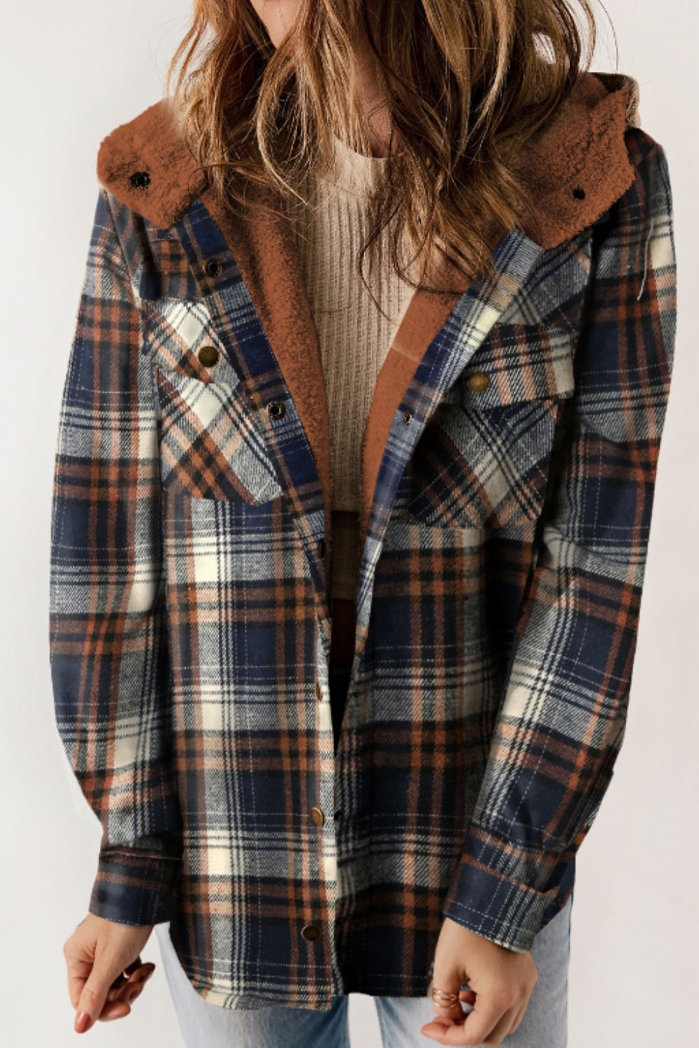 Brigida | Checked button down long sleeve hooded jacket