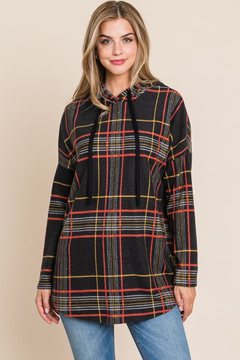 Jacqueline | Drawstring hoodie with check pattern and long sleeves