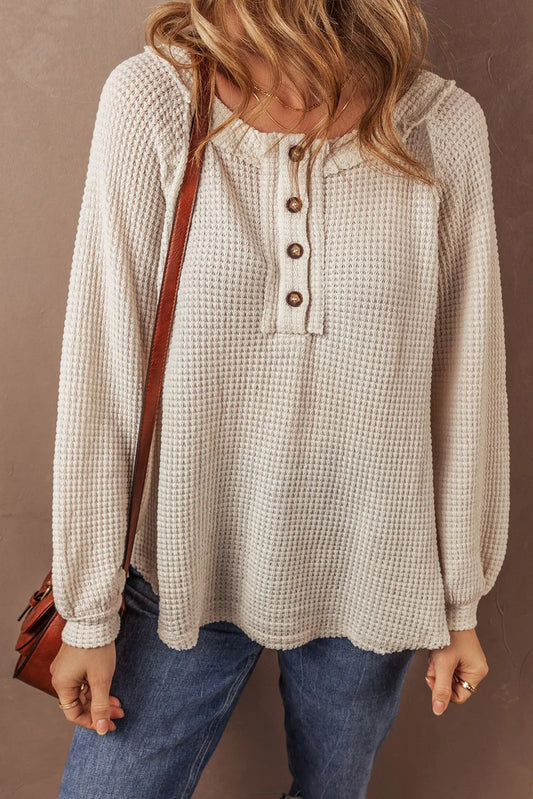 Alina | Half button waffle knit crew neck top
