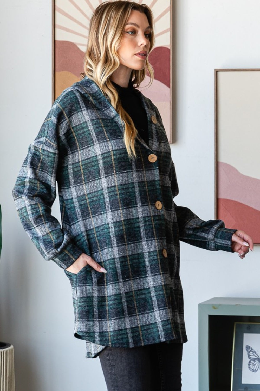 Loretta | Heimish checked button-down cardigan with hood and long sleeves