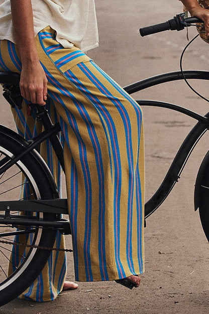 Beach Style Striped Drawstring Wide Leg Pants