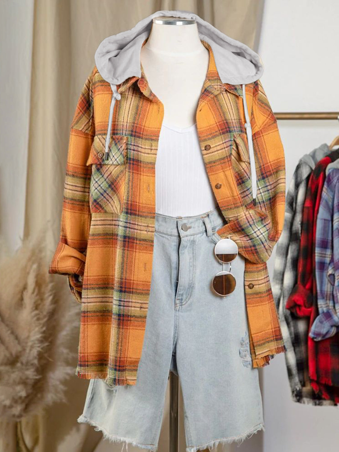 Carmen | Checked long sleeve hooded jacket with raw hem