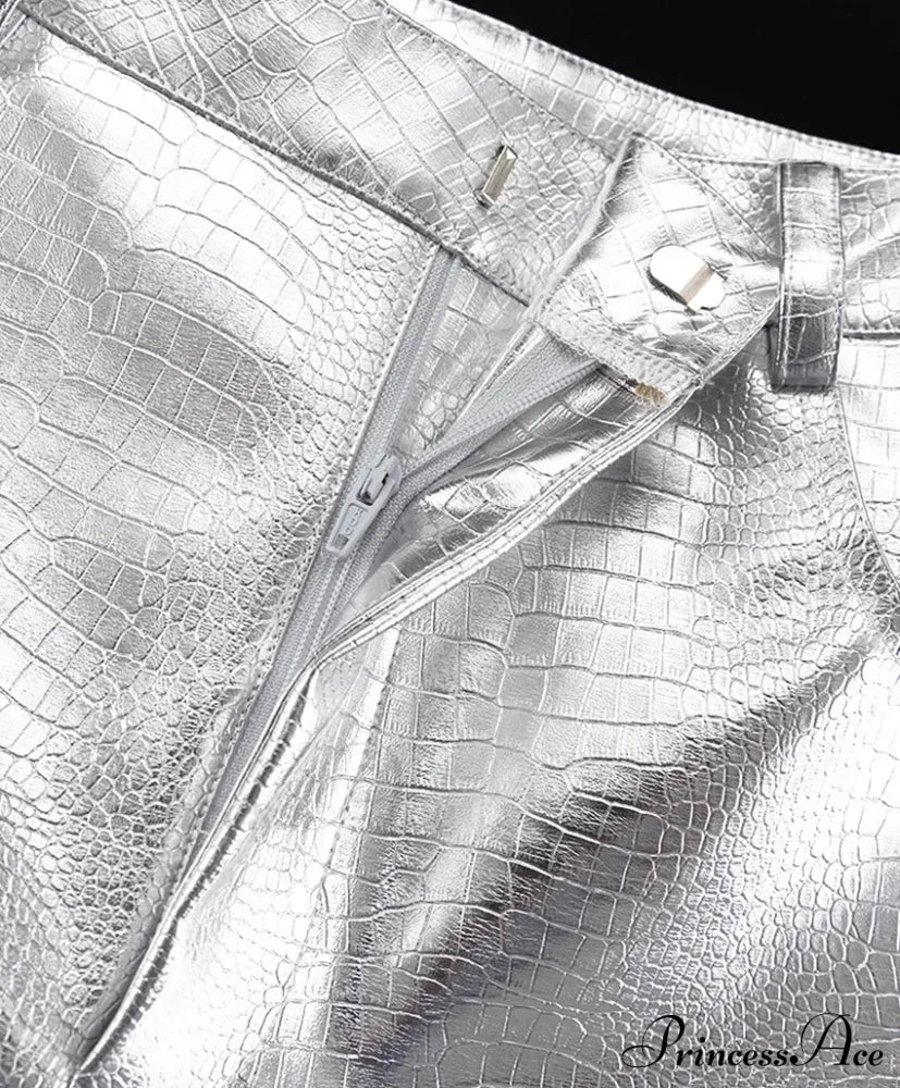Silver PU Leather Scale High Waist Straight Pants