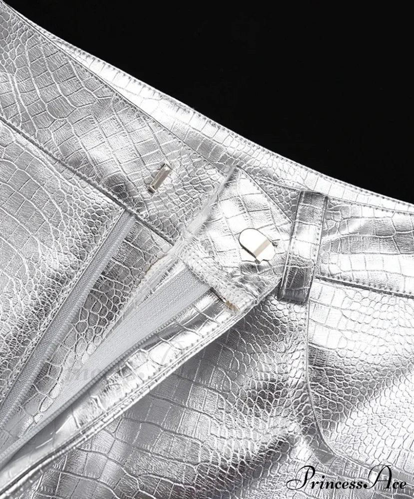 Silver PU Leather Scale High Waist Straight Pants