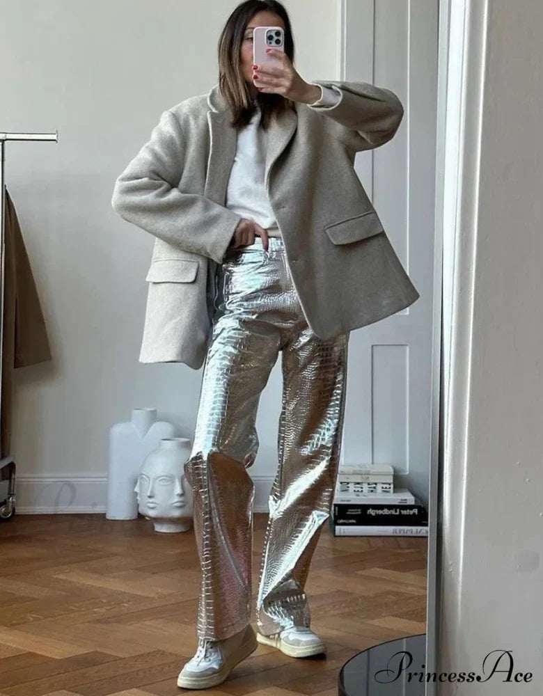 Silver PU Leather Scale High Waist Straight Pants