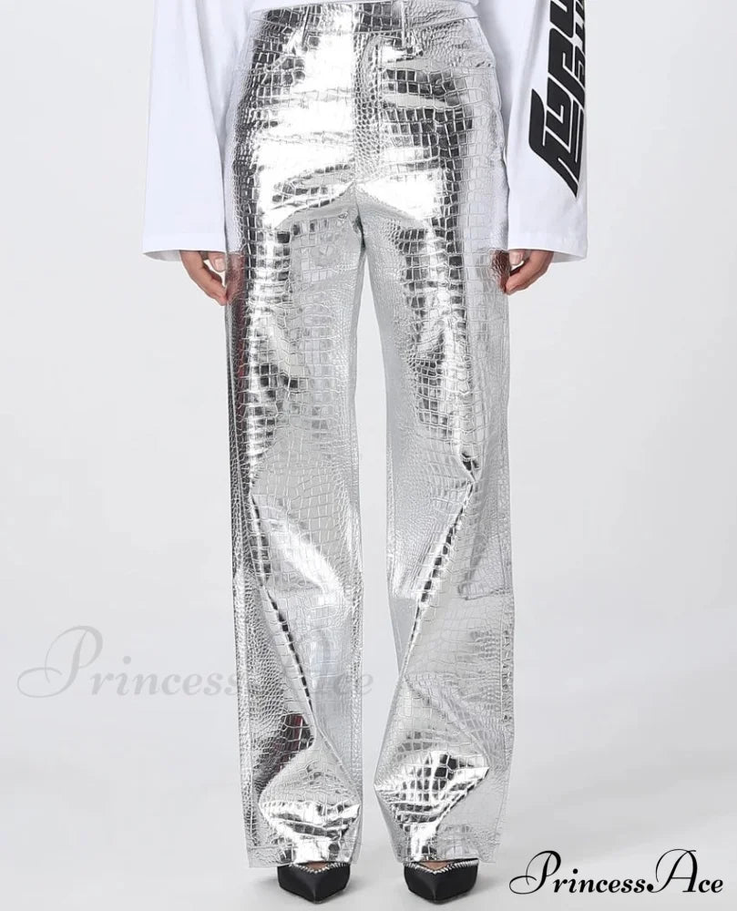 Silver PU Leather Scale High Waist Straight Pants