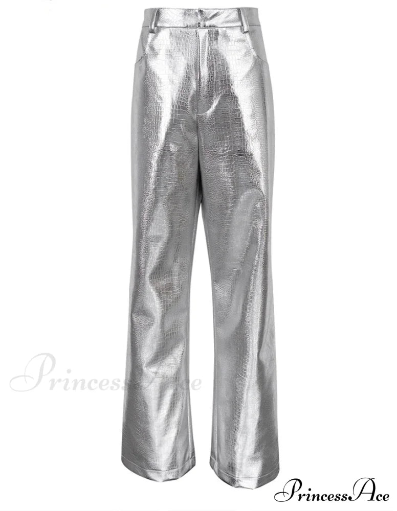 Silver PU Leather Scale High Waist Straight Pants