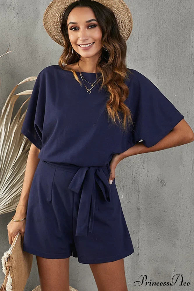 Elaine Tie Belt Charming Short Sleeve Romper