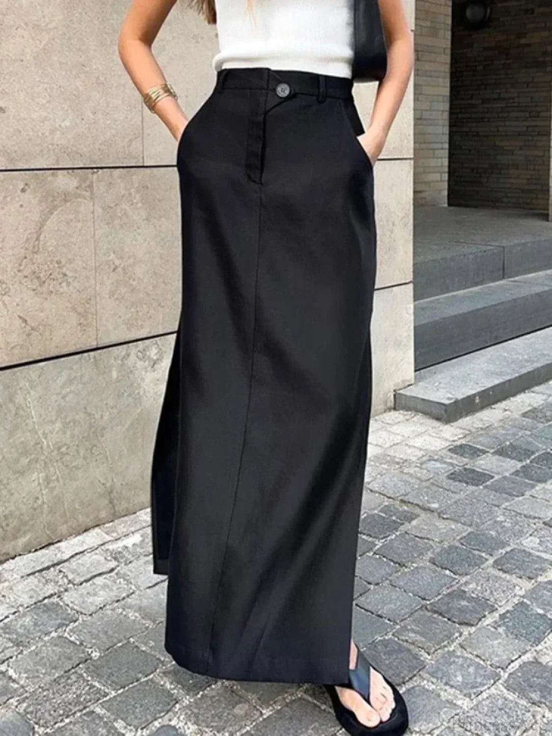 Elastic Button Cotton Split Skirt