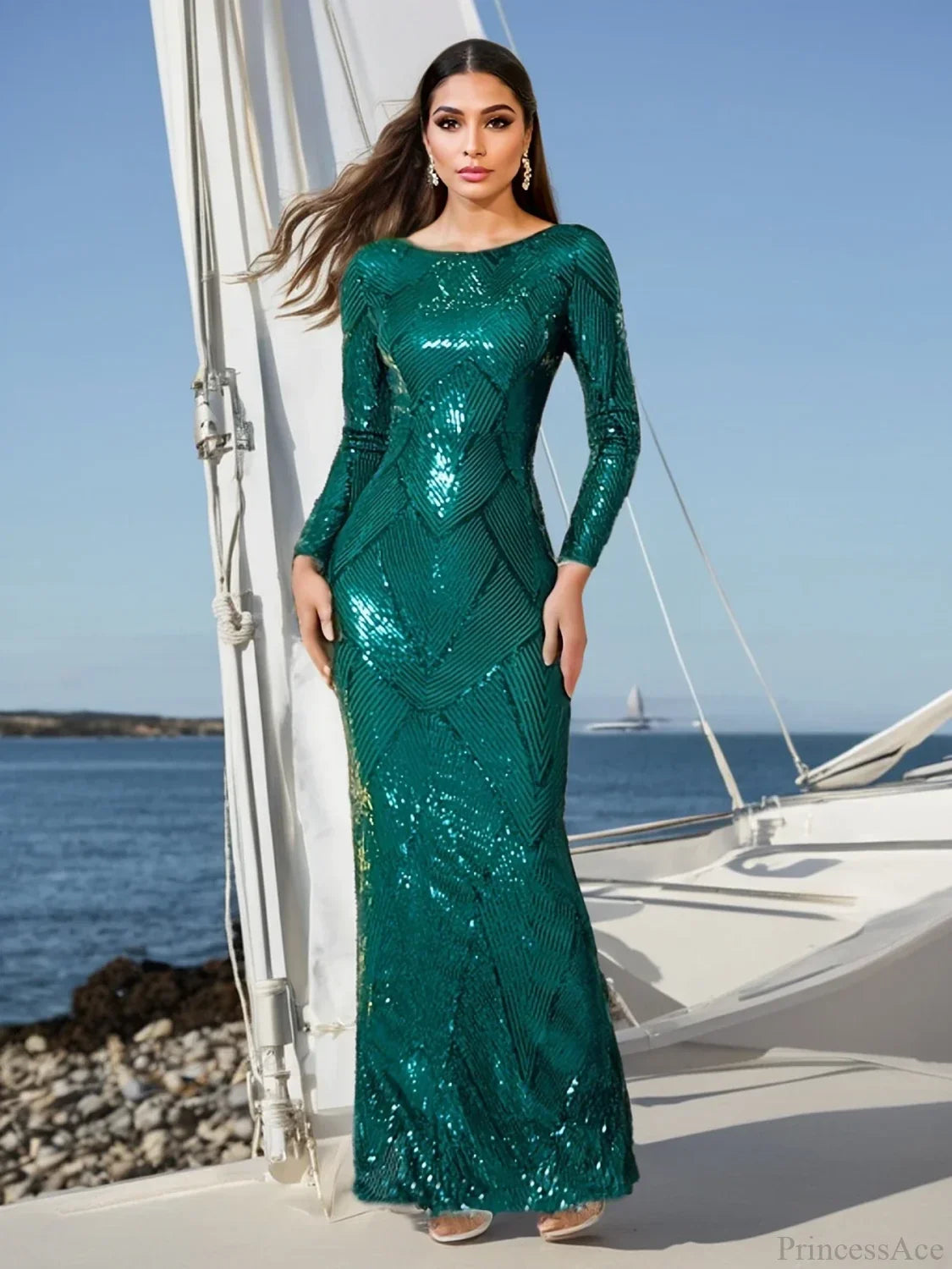 Elegant O Neck Long Sleeves Evening Prom Bodycon Dress Green Party Dress