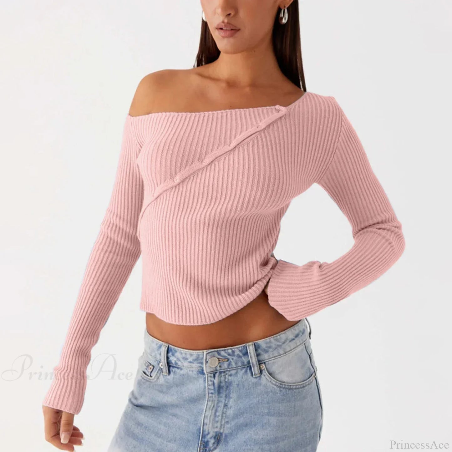Elegant Off Shoulder Ribbed Solid Crop Slim Fit Knit Top