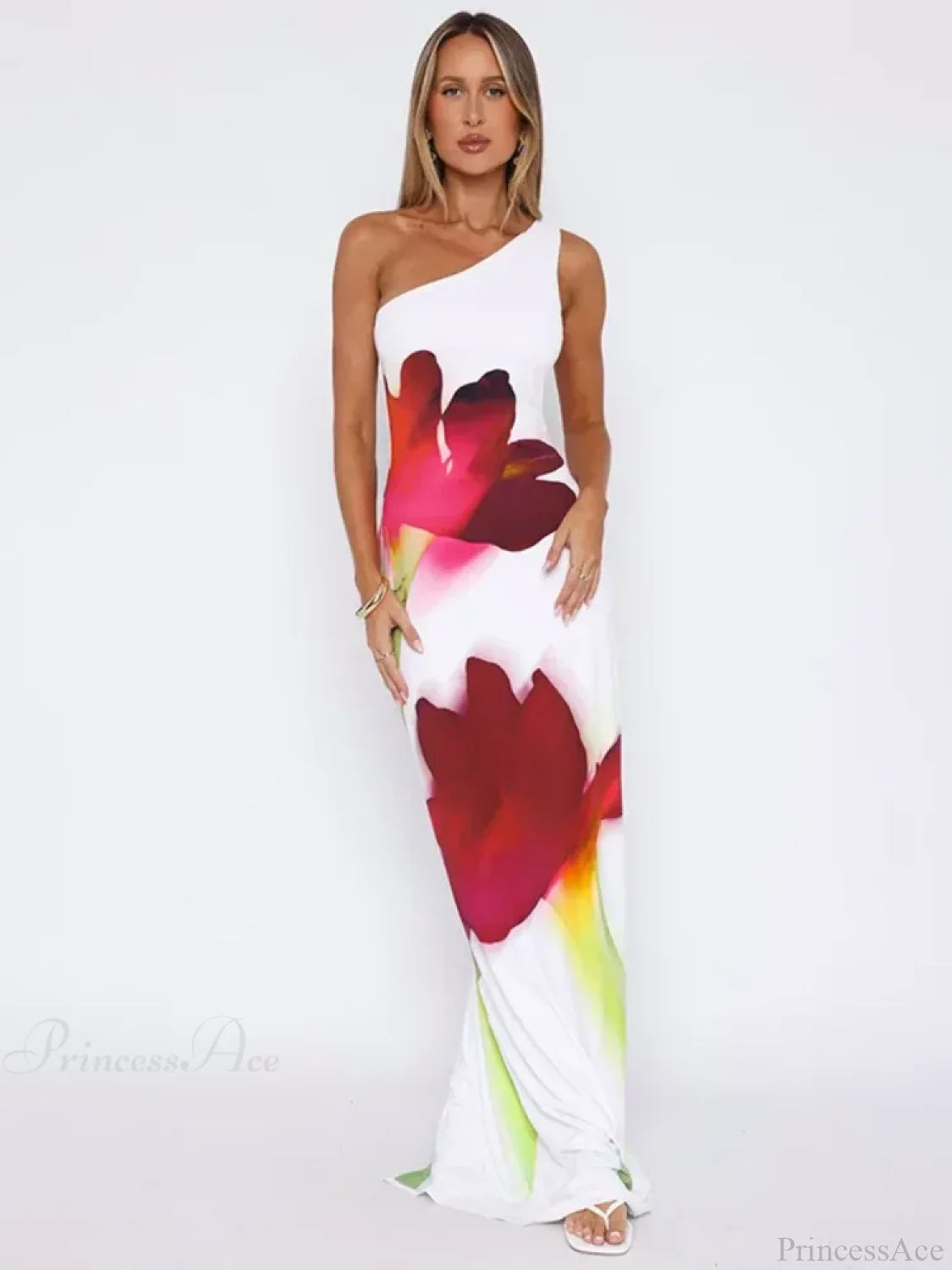 Elegant One Shoulder Backless Maxi Floral Dress