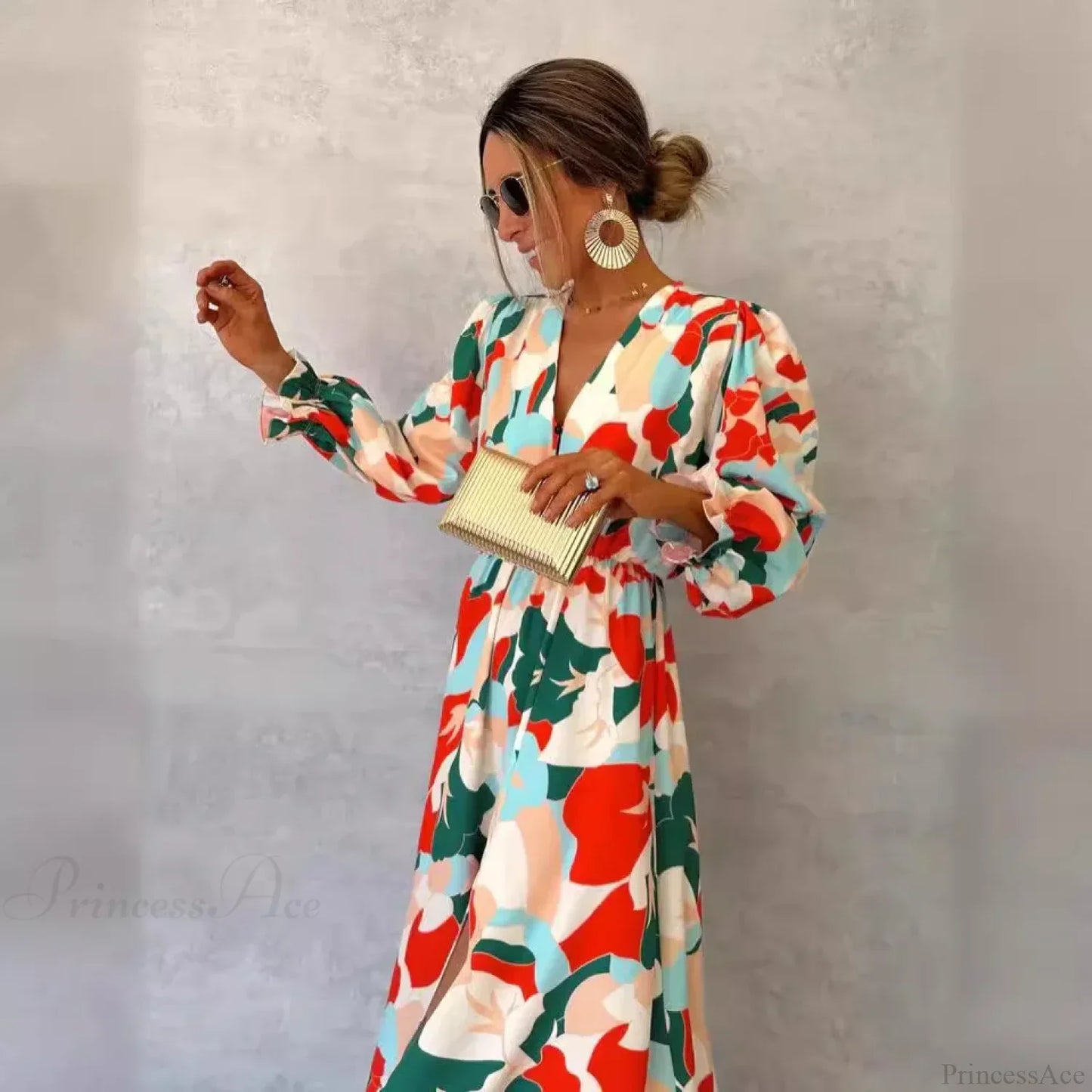 Elegant V-neck Printed Floral Dress