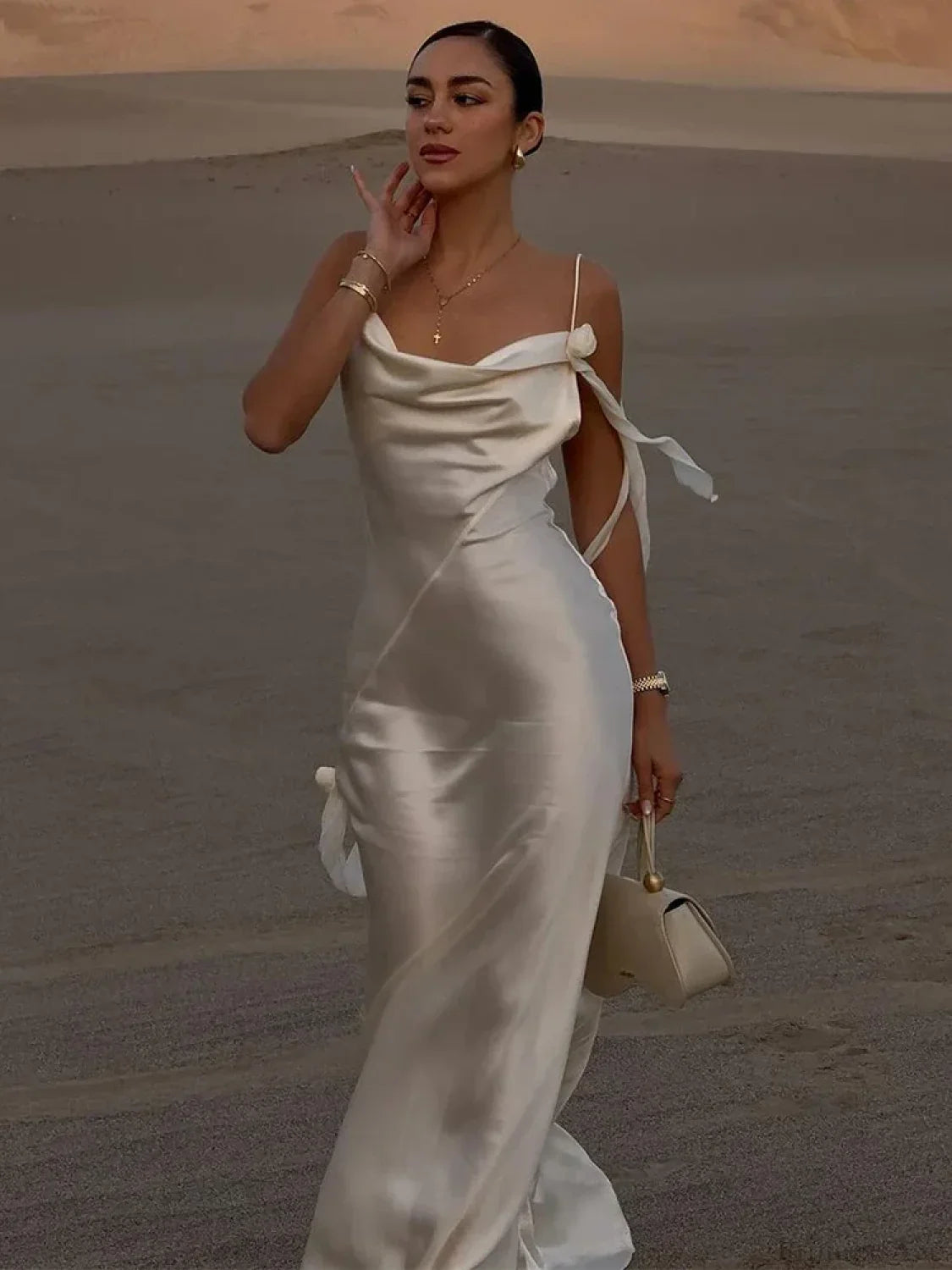 Elegant White Satin Maxi Vacation Dress