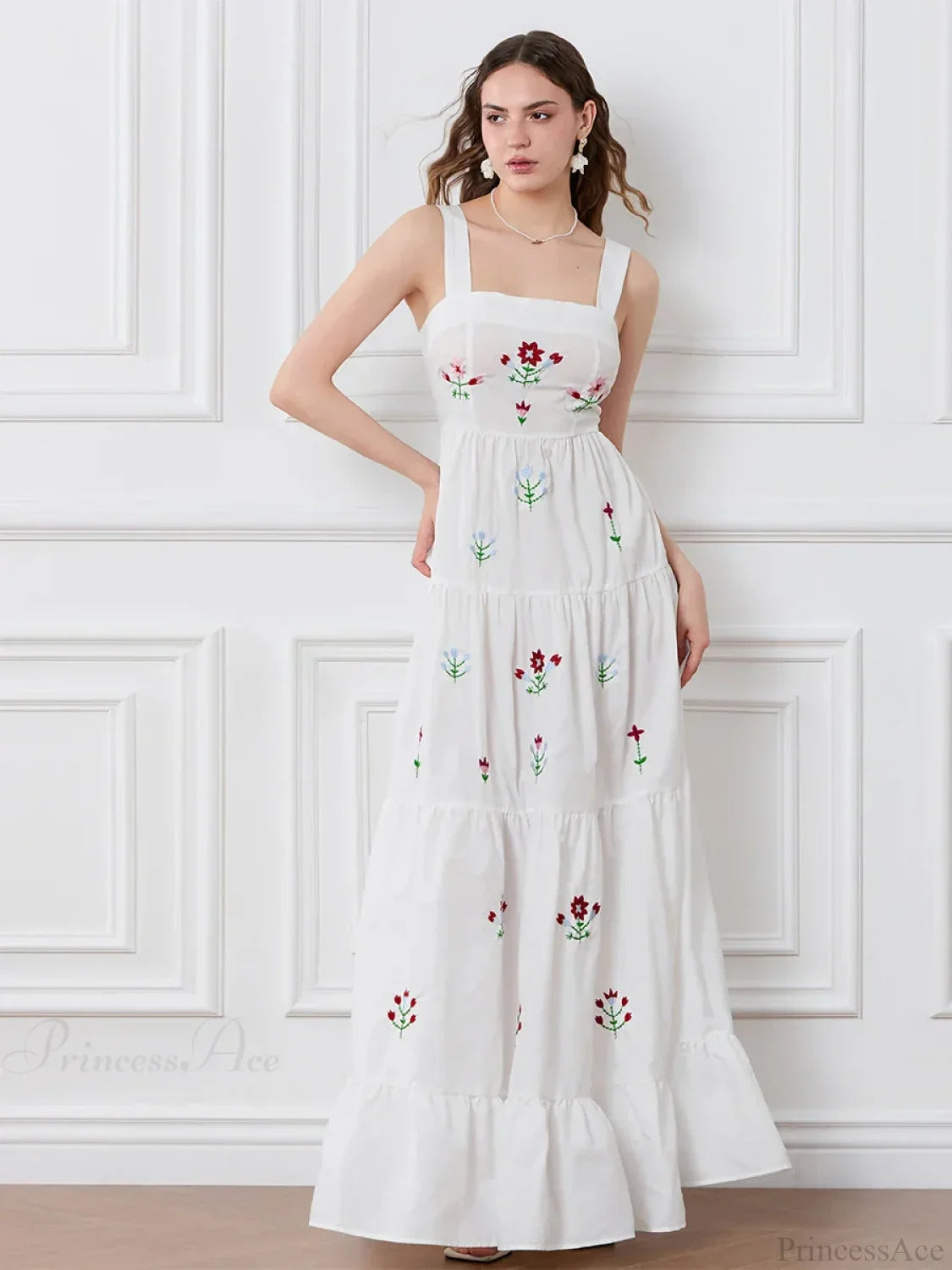 Embroidered Flower Ruched Tiered Slip Floral Dress