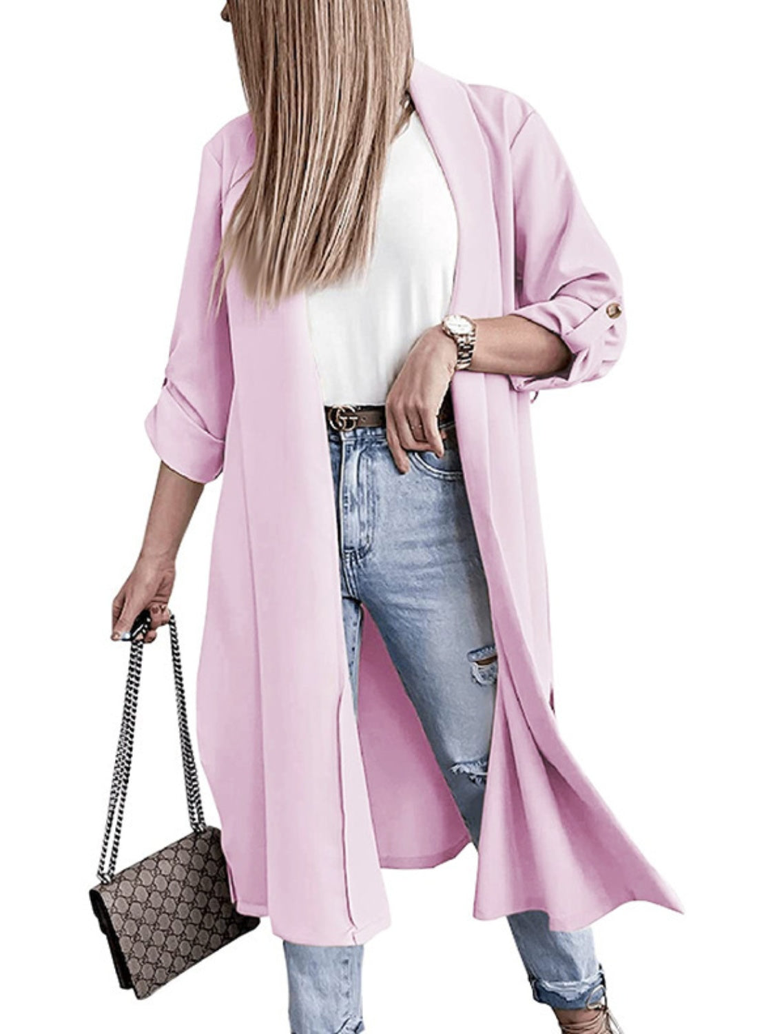 Marianna | Slit trench coat with roll tab sleeves open at the front
