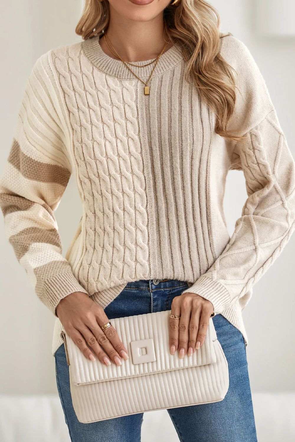 Liliana | Color block crew neck cable knit sweater