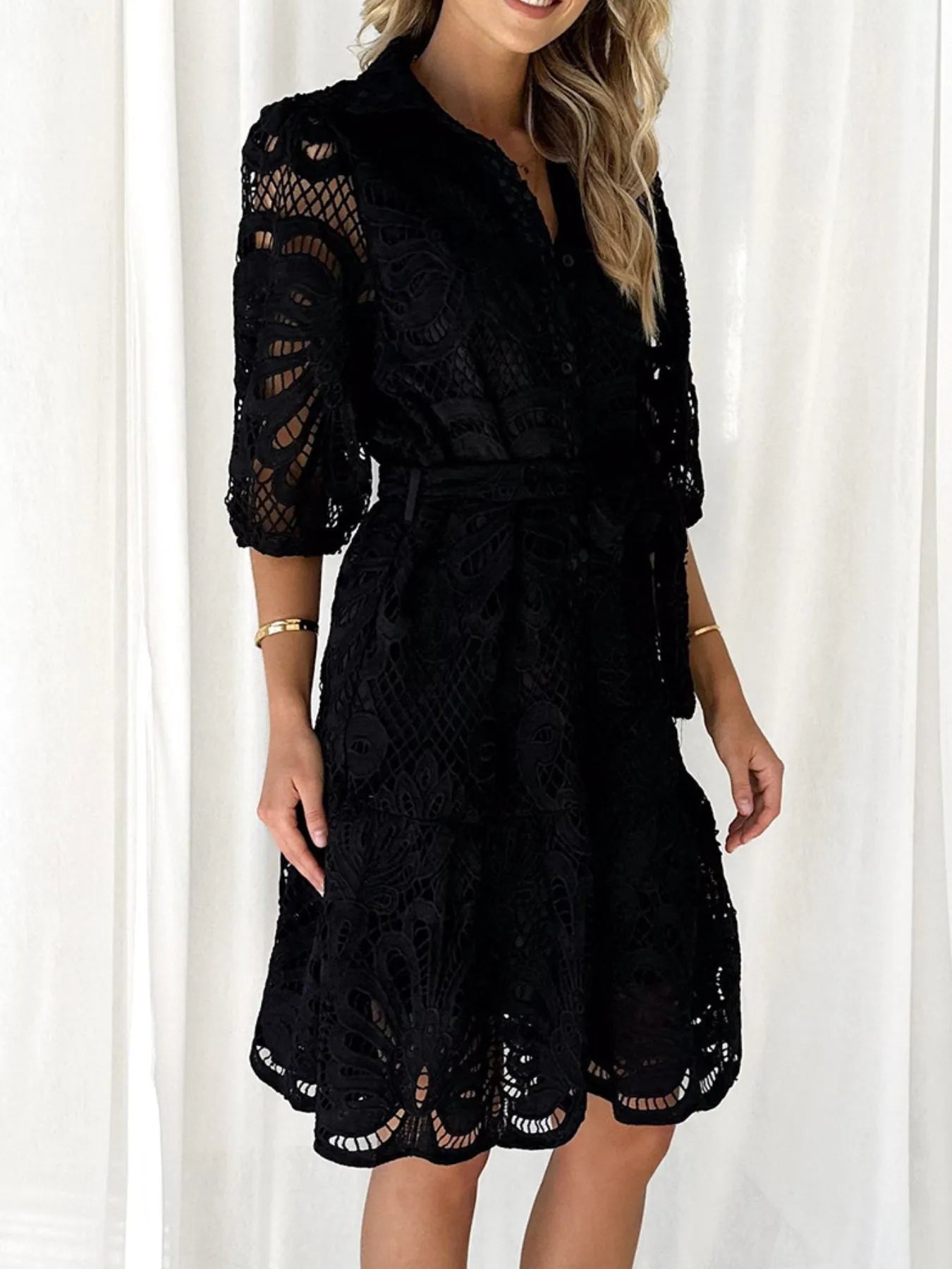 Viola® | Elegant Lace Mini Dress With Tie Waist And Half Sleeves