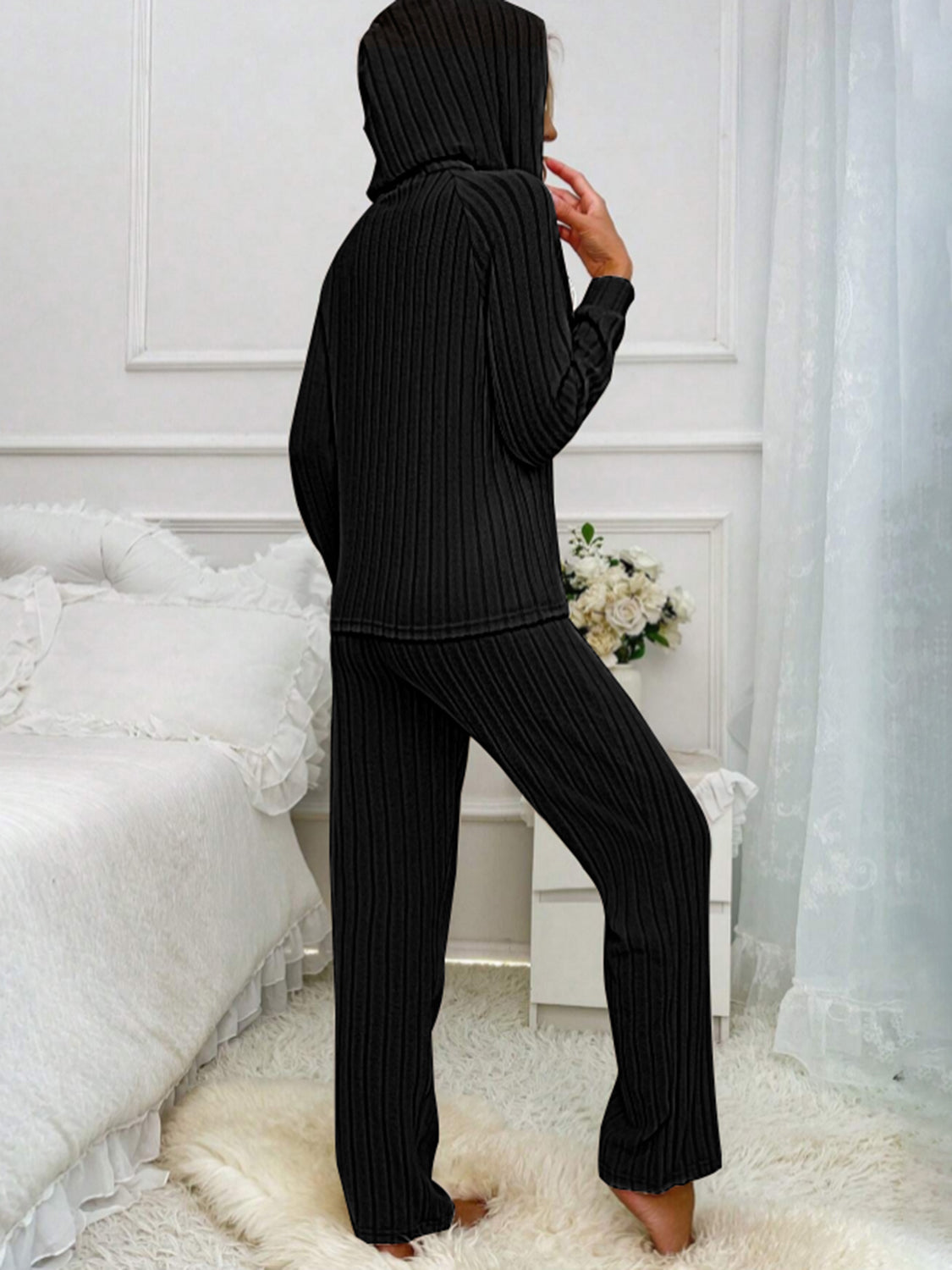 Ilona | Hooded top and ribbed drawstring half button pants set