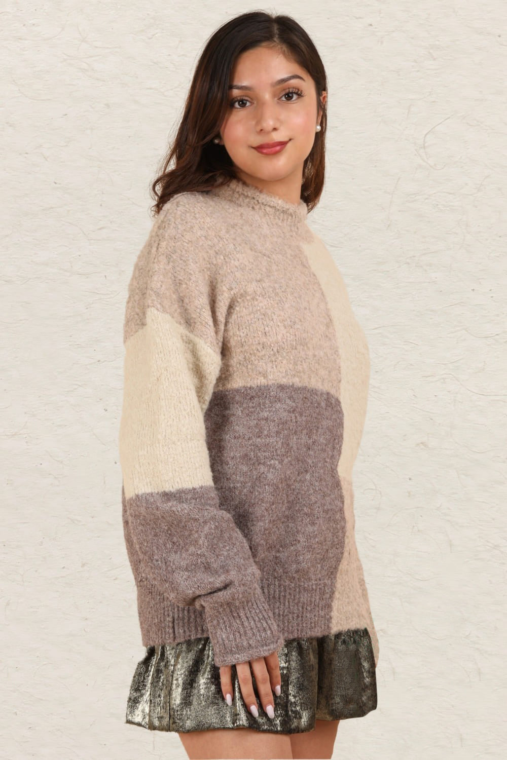 Alessa | Color block sweater with a stand-up collar and dropped shoulders