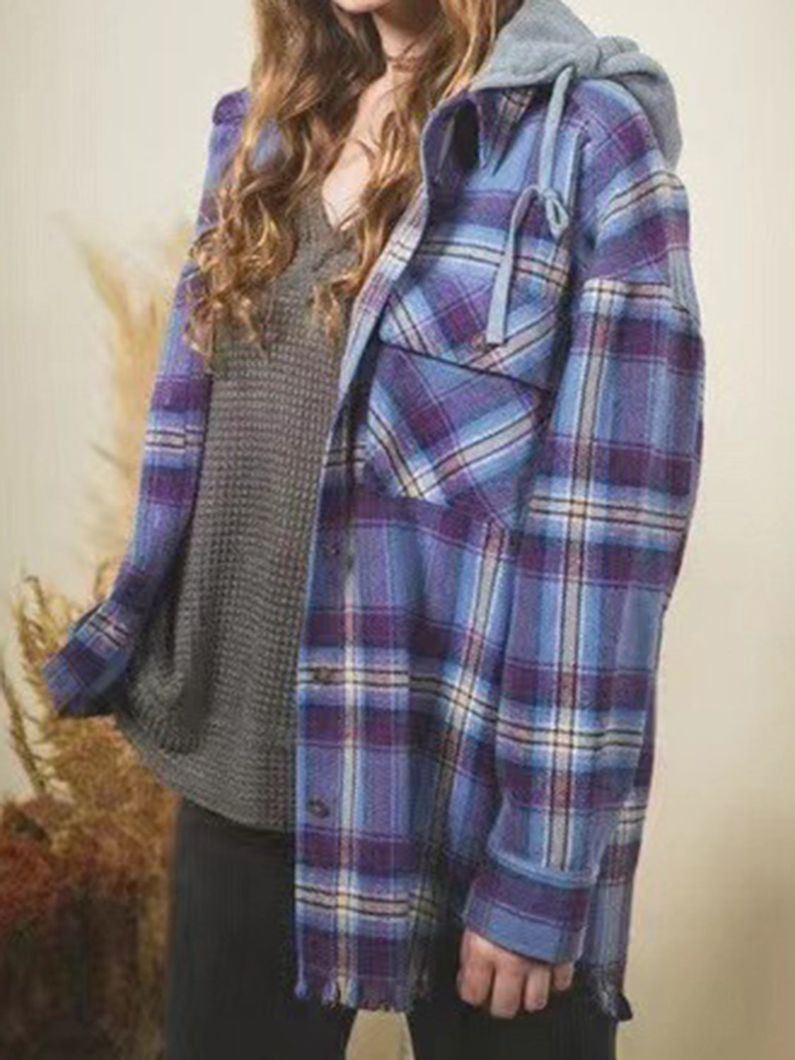 Carmen | Checked long sleeve hooded jacket with raw hem