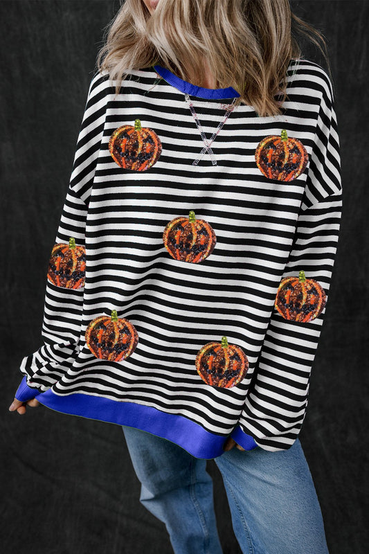 Felicidad | Pumpkin striped crew neck long sleeve sweatshirt