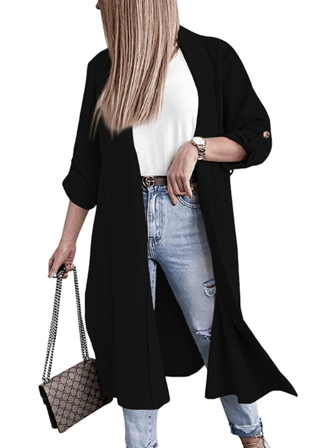 Marianna | Slit trench coat with roll tab sleeves open at the front