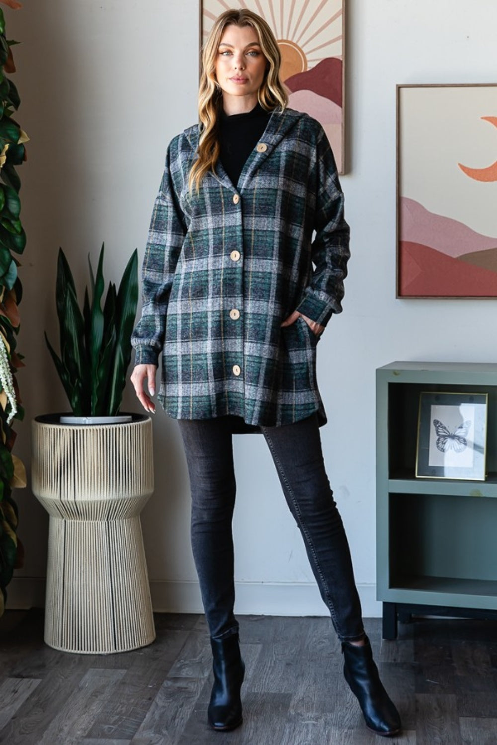Loretta | Heimish checked button-down cardigan with hood and long sleeves