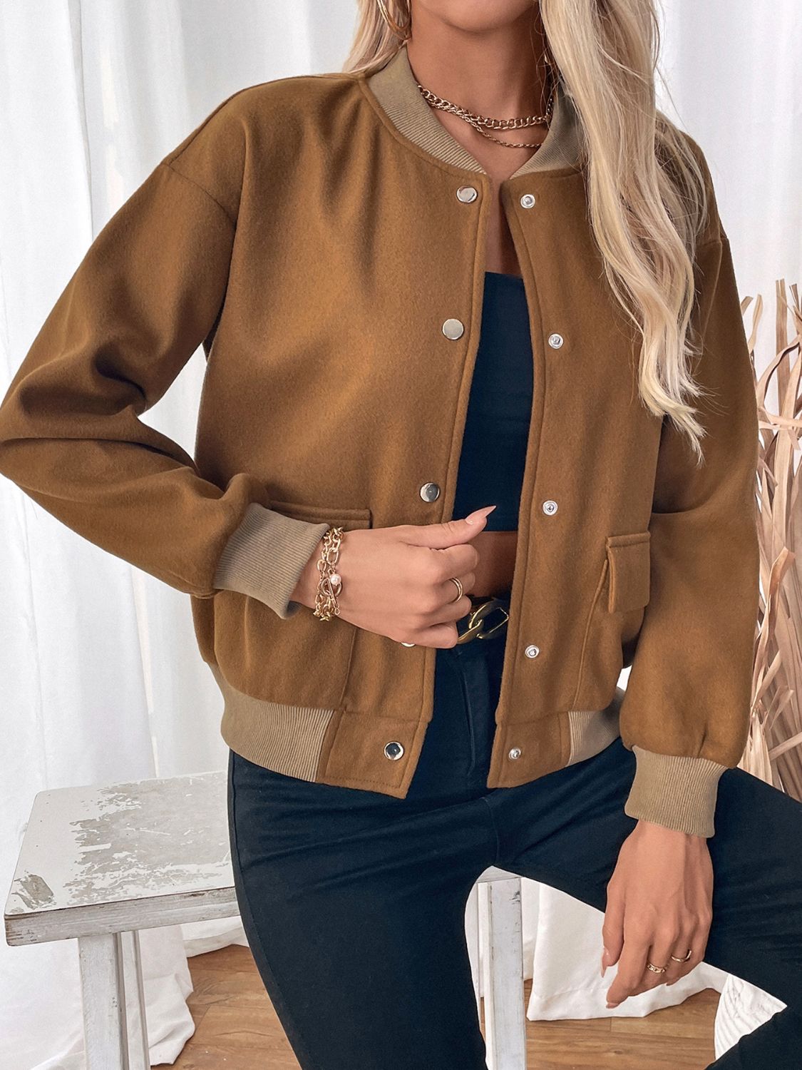 Araceli | Perfee Baseball Collar Snap Down Long Sleeve Jacket