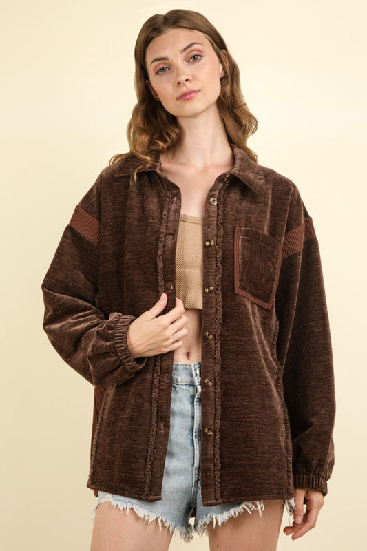 Carmen | Mixed media button-down jacket with raw hem