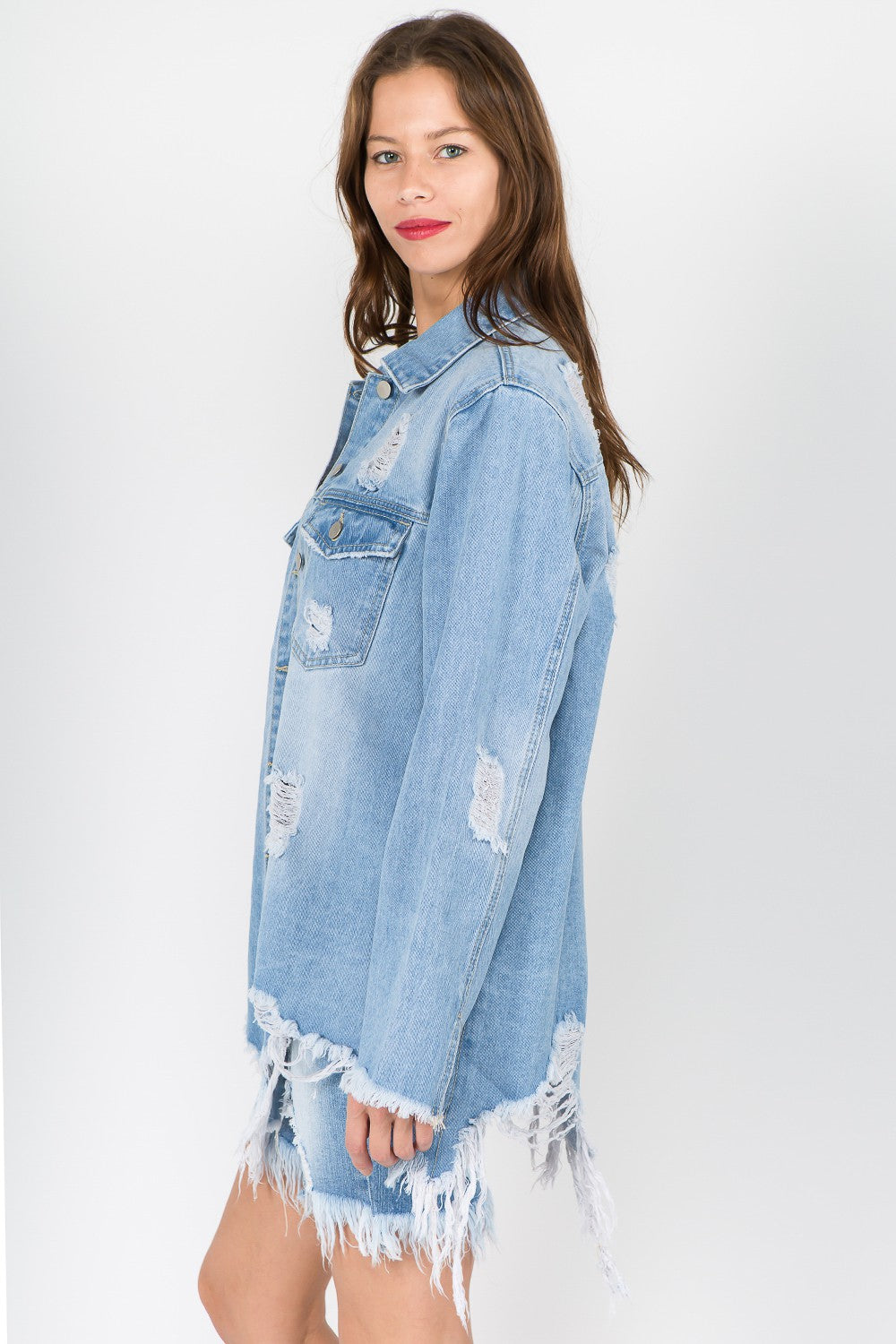 Frida | American Bazi distressed denim jacket with frayed hem