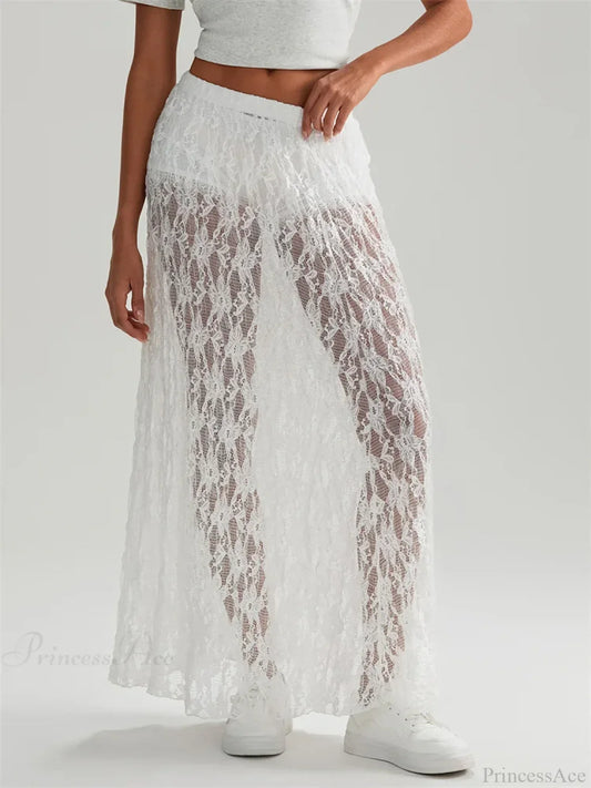 Fall Long Maxi Skirt Elastic Waist Lace Floral Casual Skirt