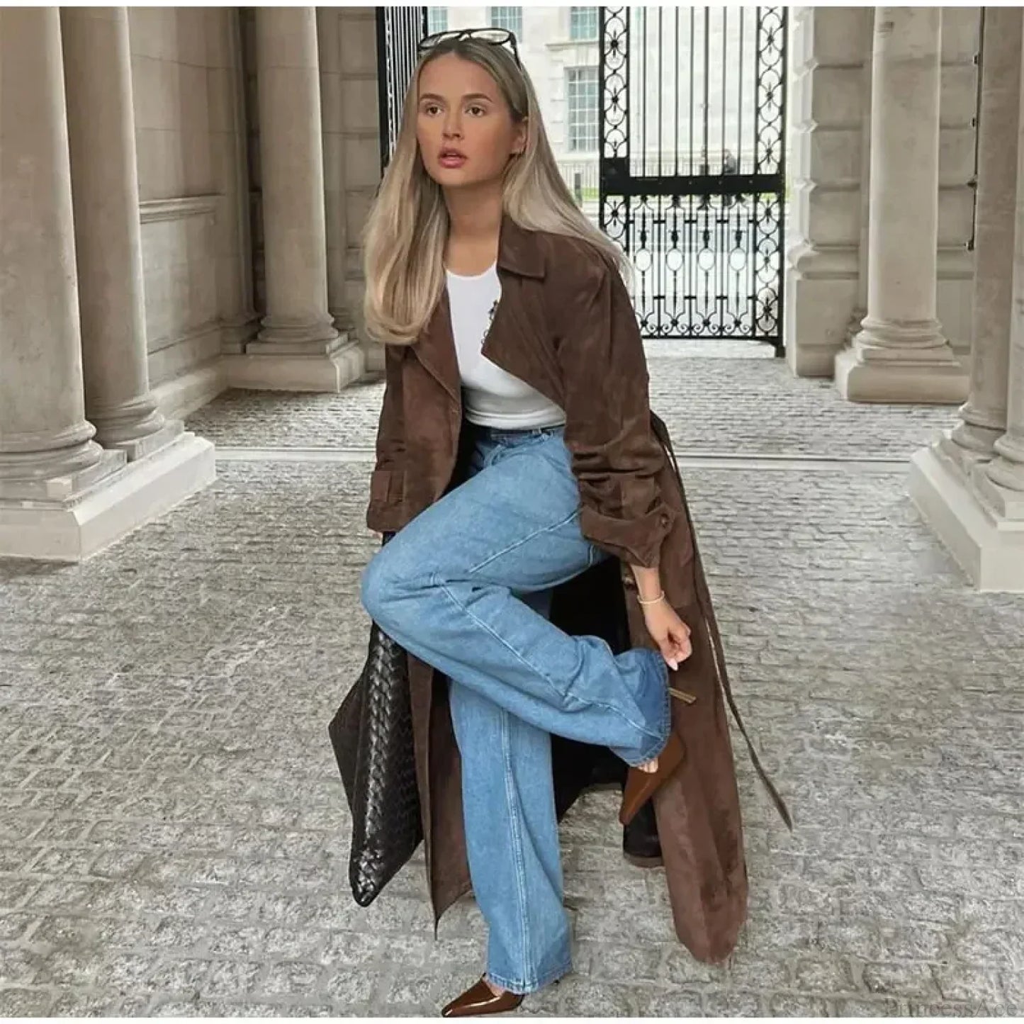 Faux Leather Lapel Double-Breasted Overcoat