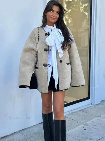 Faux Wool Loose Retro O-neck Overcoat