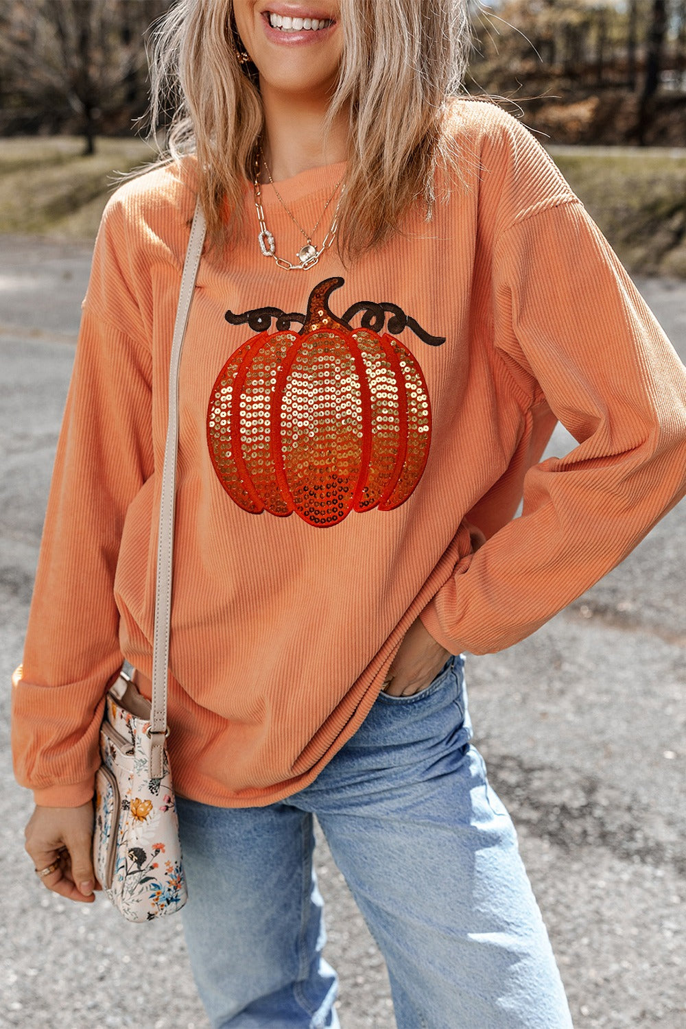 Melina | Long sleeve sequin pumpkin crew neck sweatshirt