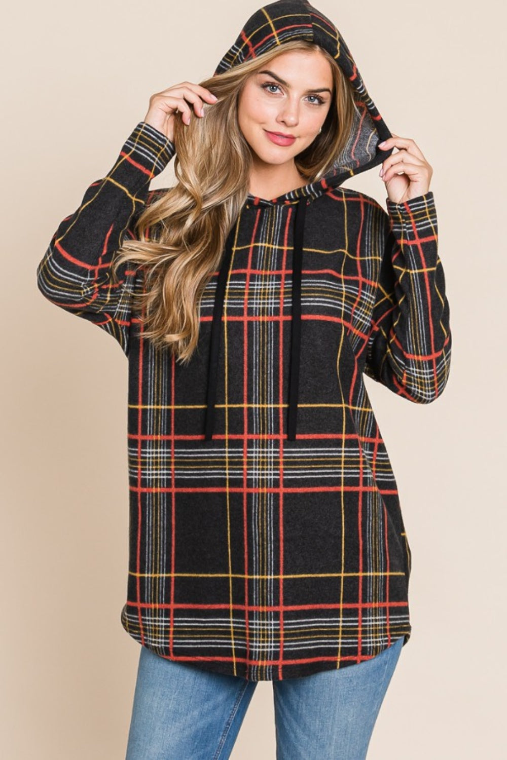 Jacqueline | Drawstring hoodie with check pattern and long sleeves