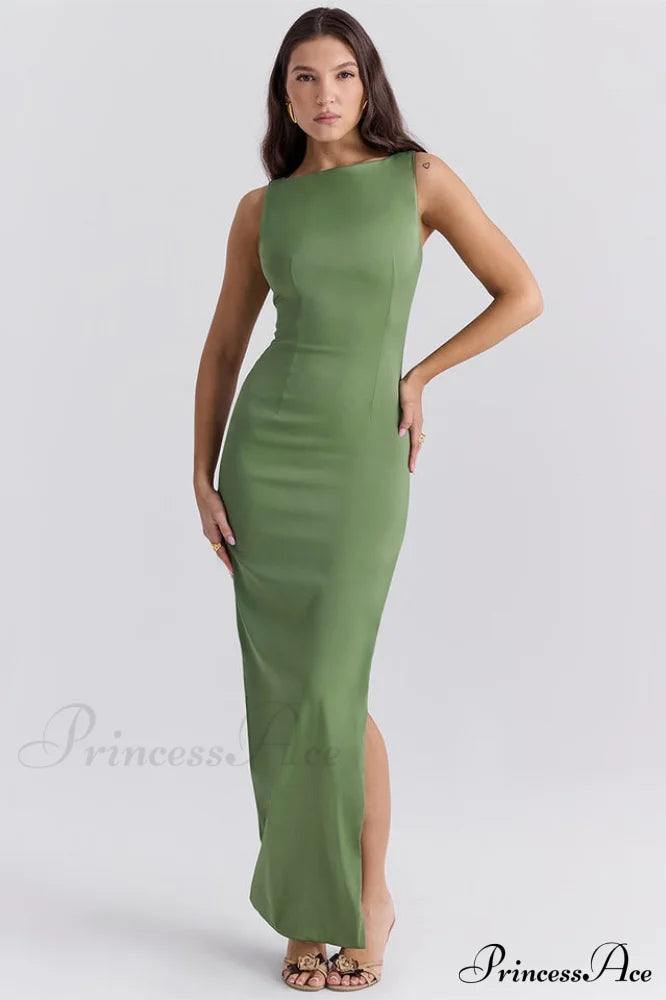 Filomena Olive Boat Charming Neck Maxi Dress