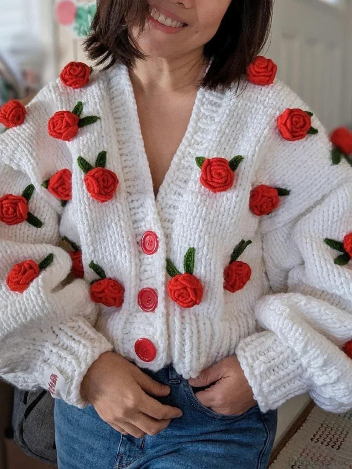 Floral Button Closure Knit Cardigan
